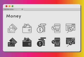 money icon set. included online shop, wallet, money, credit card icons on white background. linear, filled styles.