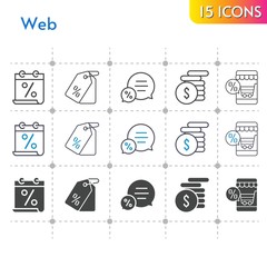 web icon set. included calendar, online shop, money, chat, price tag icons on white background. linear, bicolor, filled styles.