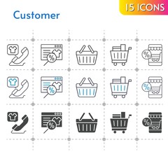 customer icon set. included online shop, shopping cart, phone call, shopping-basket, shopping basket icons on white background. linear, bicolor, filled styles.