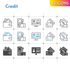 credit icon set. included online shop, wallet, mortgage, money, credit card icons on white background. linear, bicolor, filled styles.