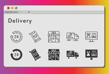 delivery icon set. included online shop, 24-hours, shop, delivery truck, trolley icons on white background. linear, filled styles.