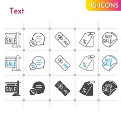 text icon set. included sale, chat, price tag, discount icons on white background. linear, bicolor, filled styles.