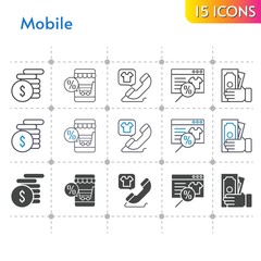 mobile icon set. included online shop, money, phone call icons on white background. linear, bicolor, filled styles.