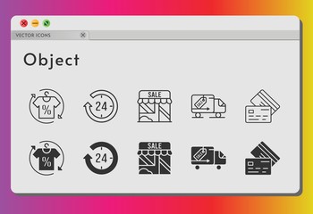 object icon set. included 24-hours, shirt, shop, delivery truck, credit card icons on white background. linear, filled styles.