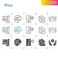 price icon set. included sale, mortgage, voucher, discount icons on white background. linear, bicolor, filled styles.