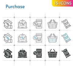 purchase icon set. included online shop, mortgage, shopping-basket, shopping basket, trolley icons on white background. linear, bicolor, filled styles.