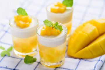 Thai dessert mango pudding, ripe mango dip in agar and coconut milk jelly on top in the glass decorated with mint leaf