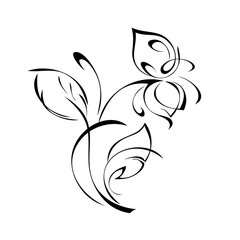 ornament 1170. one unique stylized flower on a stalk with two leaves in black lines on a white background