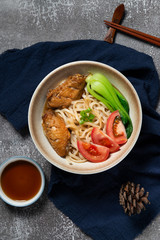 
Delicious Chinese noodles with chicken wings 