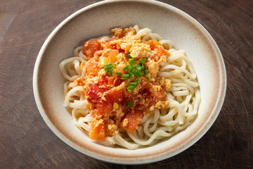 Chinese Traditional noodles with tomatoes and eggs 