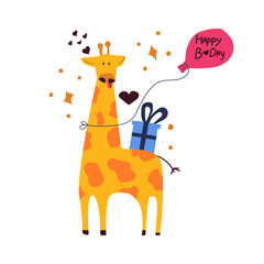 Obraz premium Cute giraffe with gift box on his back and ballon tied to the nack with text happy birthday. Hand drawn concept. Flat vector illustration for greeting card, children's design.