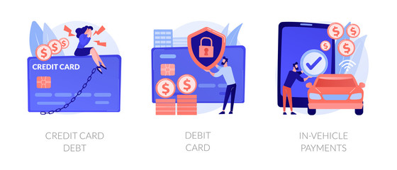 Obraz na płótnie Canvas Personal finance idea. Online banking, digital currency. Money debt, financial operation. Credit card, debit card, in-vehicle payments metaphors. Vector isolated concept metaphor illustrations