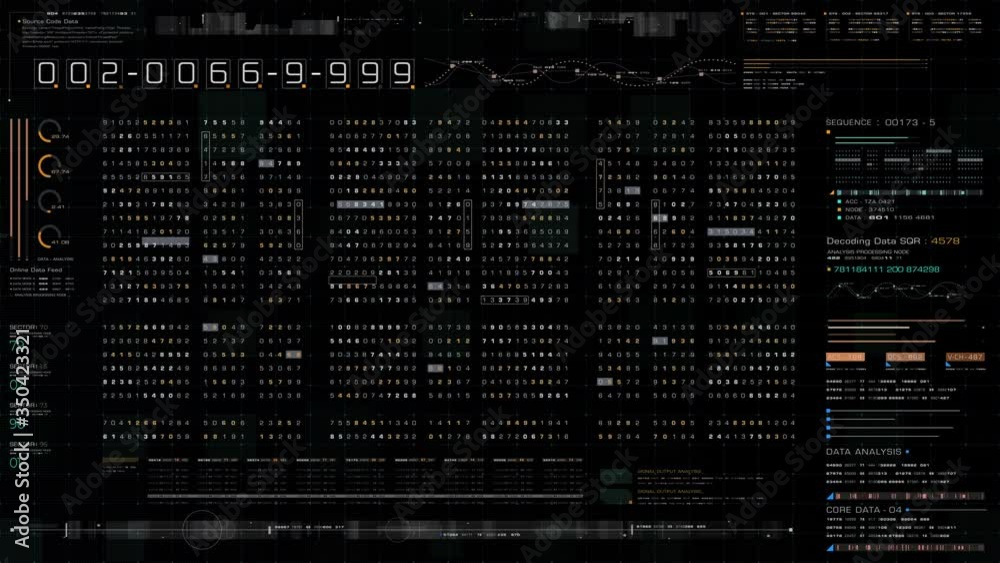 Fototapete Futuristic hi-tech graphic user interface head up display with digital code and data info graphic telemetry information display for desktop screen background