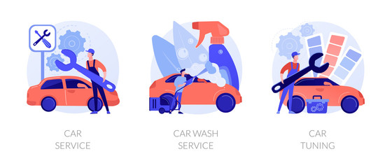 Automobile maintenance center. Professional vehicle detailing, repair and modernization. Car service, car wash service, car tuning metaphors. Vector isolated concept metaphor illustrations
