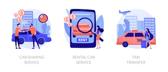 City transport usage. Rent a car agency. Sharing economy trends in urban traffic. Carsharing service, rental car service, taxi transfer metaphors. Vector isolated concept metaphor illustrations