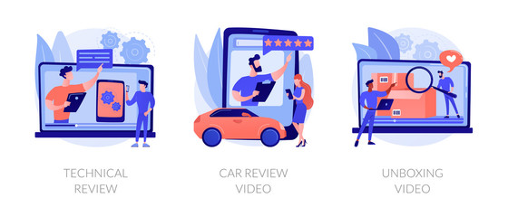 Product client feedback cartoon icons set. Customer experience, influencer marketing. Technical review, car review video, unboxing video metaphors. Vector isolated concept metaphor illustrations.