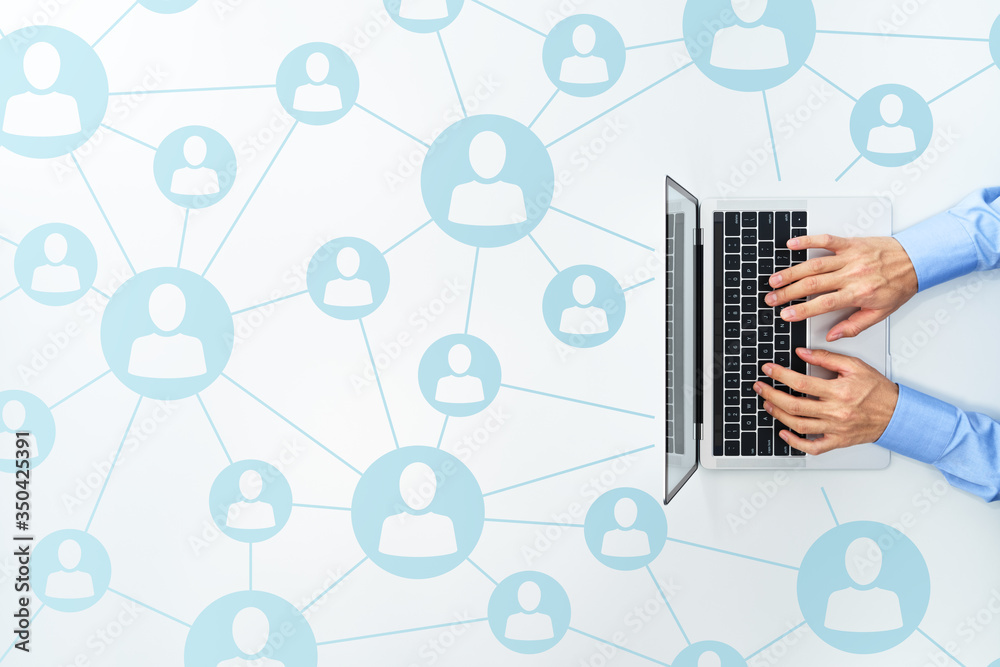 Aufkleber People network structure on internet. Businessman using laptop on white background. Concept image of social network community and telework system.