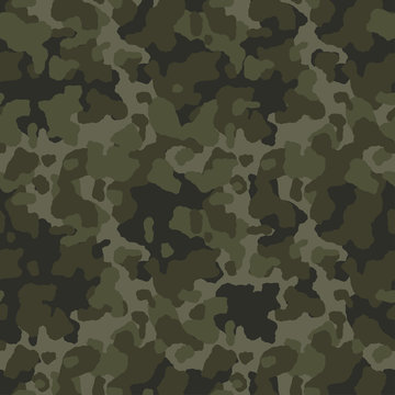 Camouflage pattern background, seamless vector illustration. Classic military clothing style. Masking camo repeat print. Dark green khaki texture. 