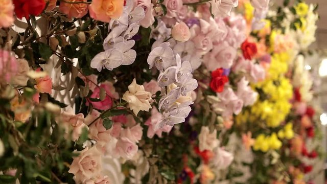 Mixed flower arrangement on a wall, panning shot