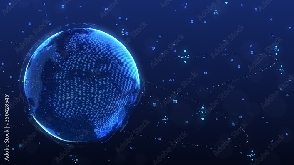Poster world map globe rotating with particle ring binary code fly around technology futuristic concept background