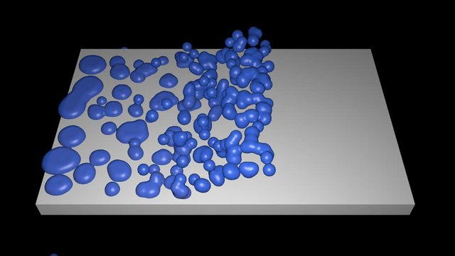 Water drops falling on waterproof material . Liquid  falls on repellent surface . Particles droplets collide and stay on surface .  Repellency theme. 3d animation fluid simulation