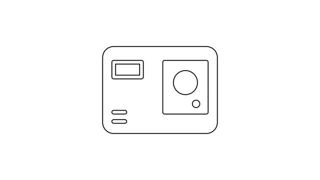 Black line Action extreme camera icon isolated on white background. Video camera equipment for filming extreme sports. 4K Video motion graphic animation