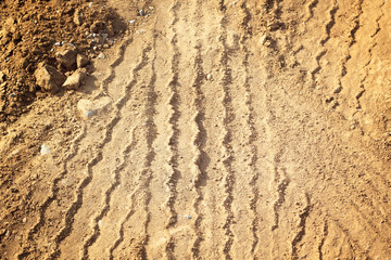 Tracks of cars on the sand in the desert.