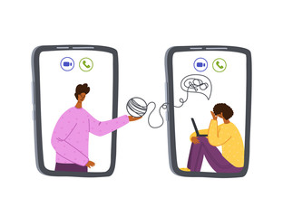 Psychological online services - personal distance support or assistance at home by internet. Upset girl crying, talking with psychologist by phone, individual therapy session or consultation vector