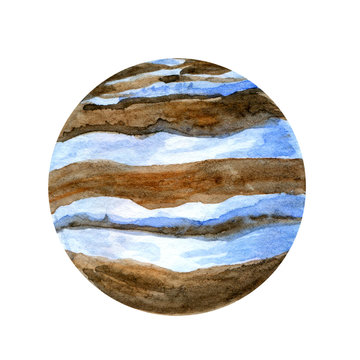 Round planet Jupiter with blue stripes and tints. Watercolor space object illustration on white background. The largest planet, fifth from the sun.