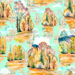 Fototapeta na wymiar Watercolor trees. Seamless autumn pattern. Design for wallpaper, background, fabric, textile, covers, packaging, wrapping paper.