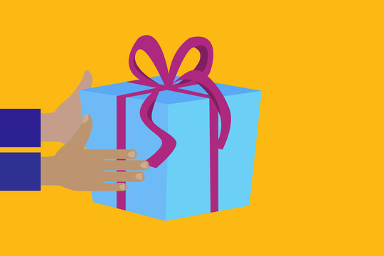 Gift in hands vector image. Flat image of giving a box. Ribbon bandaged surprise icon.