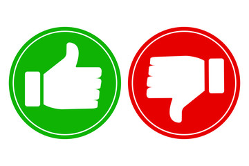Thumb up and thumb down icon. Approval and dislike. Vector image of a green and red button. Stock Photo.