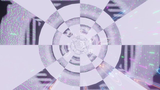 Computerized animation of time and space with cosmic energy releasing from central core. Motion graphics.