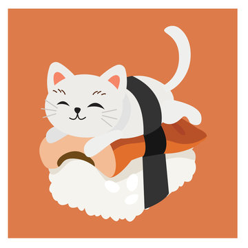 Cute Kitty Cat On Sushi, Eel Sushi.