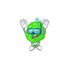 cartoon drawing concept of sarcina ventriculli wearing cool Diving glasses ready to swim