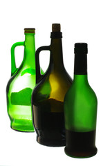 Three bottles with wine and drinks.Isolated on white.