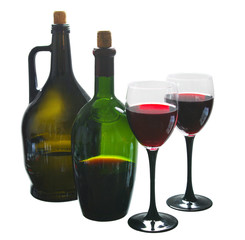 Two bottles of wine and two glasses of wine. Isolated on white.
