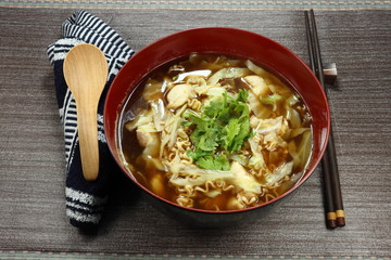 Famous soup of instant noodle with chopped chicken meat and sliced fresh cabbage in the bowl. Cheap cost menu in Asia. Popular quick and easy meal. Unhealthy menu with high sodium. 
