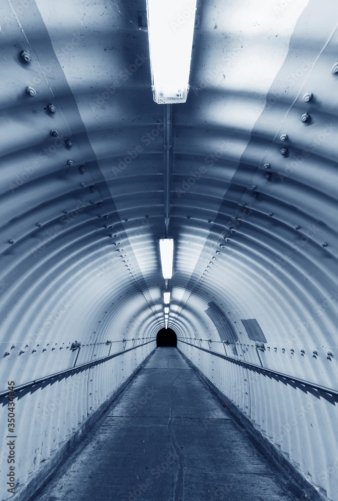 Poster Empty pedestrian tunnel at night. Architecture abstract background