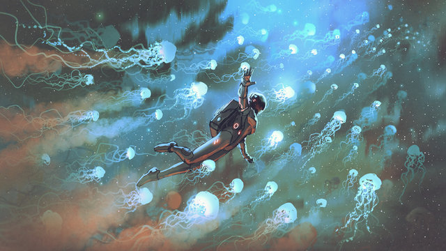 Fototapeta astronaut floating with glowing jellyfishes in space, digital art style, illustration painting