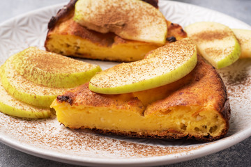 Cottage cheese casserole with apples and cinnamon spices. Concept of a healthy Breakfast. Close up