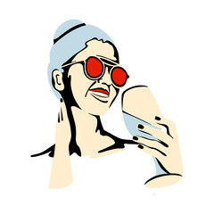Vector graphic illustration of girl, drinking wine. Beautiful silhouette simple close up face with sunglasses, wineglass. minimalistic style, vintage, street art, Vector design, hand drawn sketch