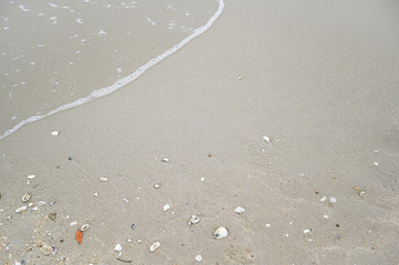 Soft wave with blue ocean on sandy beach.