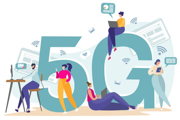 Flat vector illustration. Internet services of telecommunication systems. People work on the Internet, check mail, correspond. Wifi broadcast, mobile 5G signal.