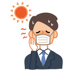 Illustration of a businessman wearing a mask and suffering from heat stroke