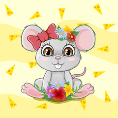 Cute little mouse sitting with flowers