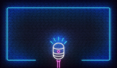 Neon microphone and border frame. Template for podcast, live music, stand up, comedy show
