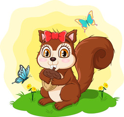 Cute cartoon squirrel holding acorn