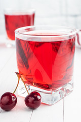 Cherry juice in glass glasses with fresh cherry berries. White background. copy space.