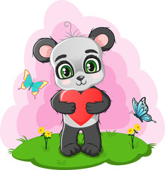 Cute little panda holding red heart